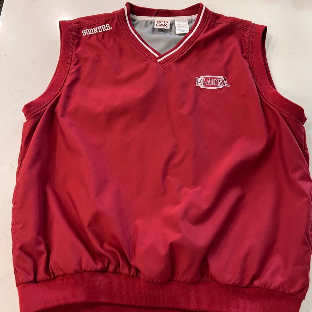 Vtg Red Oak Oklahoma Sooners Windbreaker Vest Mens XL Crimson Red VNeck Pullover
